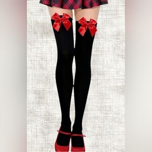Lolita Black Thigh-high Stockings W/Cute Red Bow Accents O/S